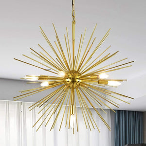 English Elm Gold Sputnik Seven Light Starburst Chandelier Mid Century Metal Pendant for Dining Entryway T6202P549529