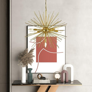 English Elm Gold Sputnik Seven Light Starburst Chandelier Mid Century Metal Pendant for Dining Entryway T6202P549529