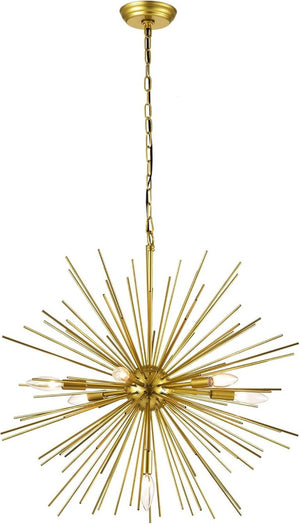 English Elm Gold Sputnik Seven Light Starburst Chandelier Mid Century Metal Pendant for Dining Entryway T6202P549529