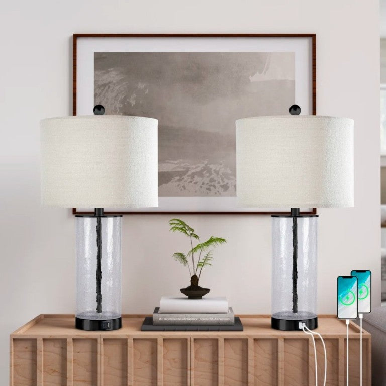 English Elm 23.25 Inch Glass and Metal Accent Lamp Set with USB Charging for Modern Bedroom Decor T6202P549530
