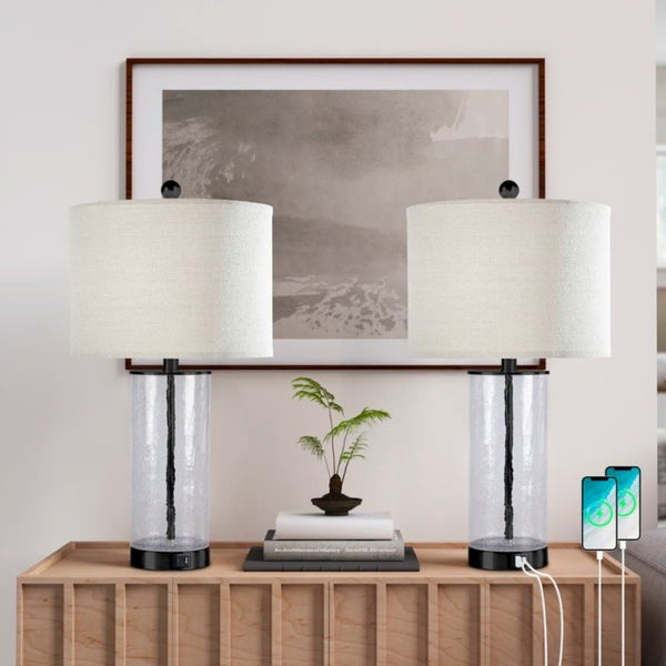 English Elm 23.25 Inch Glass and Metal Accent Lamp Set with USB Charging for Modern Bedroom Decor T6202P549530