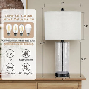 English Elm 23.25 Inch Glass and Metal Accent Lamp Set with USB Charging for Modern Bedroom Decor T6202P549530