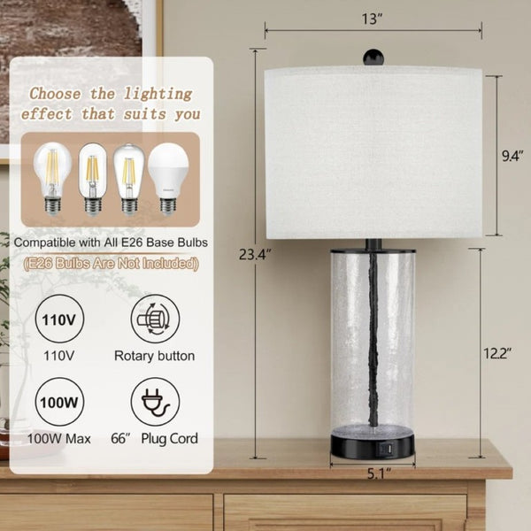 English Elm 23.25 Inch Glass and Metal Accent Lamp Set with USB Charging for Modern Bedroom Decor T6202P549530
