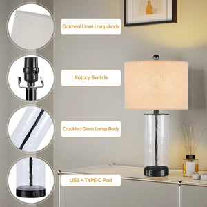 English Elm 23.25 Inch Glass and Metal Accent Lamp Set with USB Charging for Modern Bedroom Decor T6202P549530