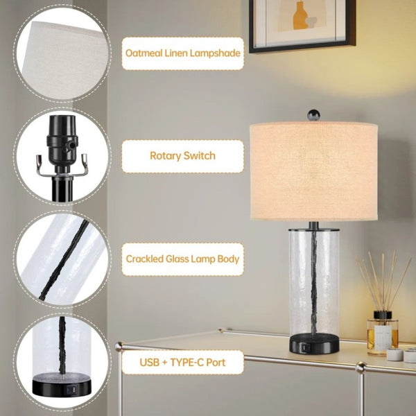 English Elm 23.25 Inch Glass and Metal Accent Lamp Set with USB Charging for Modern Bedroom Decor T6202P549530