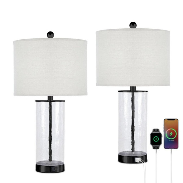 English Elm 23.25 Inch Glass and Metal Accent Lamp Set with USB Charging for Modern Bedroom Decor T6202P549530