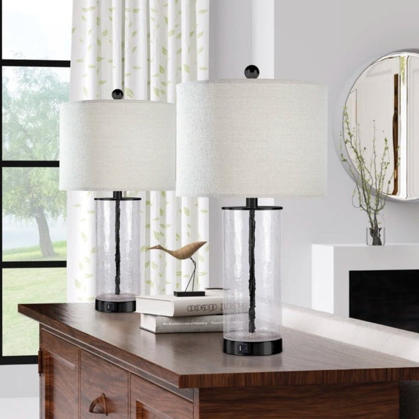 English Elm 23.25 Inch Glass and Metal Accent Lamp Set with USB Charging for Modern Bedroom Decor T6202P549530