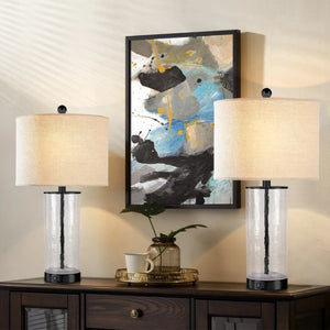 English Elm 23.25 Inch Glass and Metal Accent Lamp Set with USB Charging for Modern Bedroom Decor T6202P549530