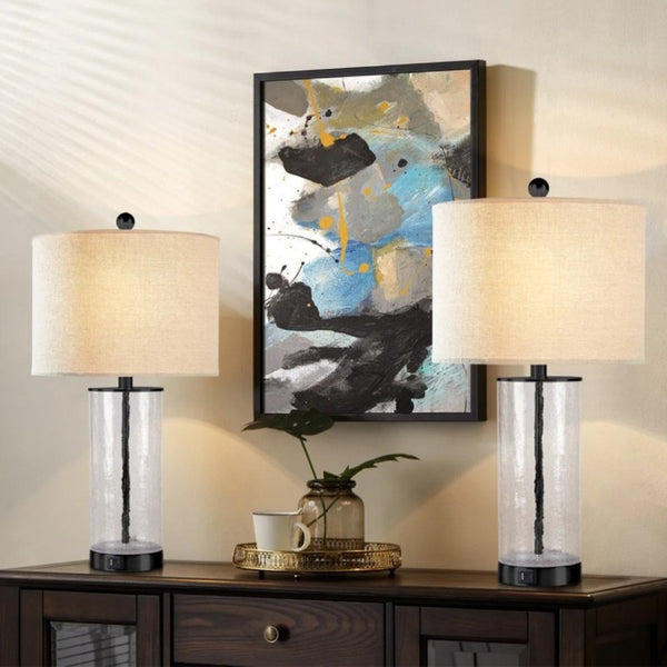 English Elm 23.25 Inch Glass and Metal Accent Lamp Set with USB Charging for Modern Bedroom Decor T6202P549530