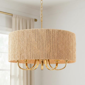 English Elm 22 Inch Hand Woven Rattan Boho Chandelier 5 Light Gold Pendant for Dining Living Room T6202P549628