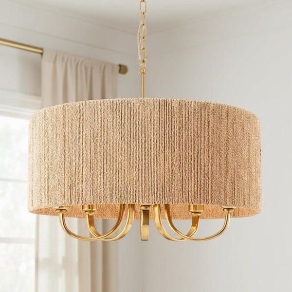 English Elm 22 Inch Hand Woven Rattan Boho Chandelier 5 Light Gold Pendant for Dining Living Room T6202P549628