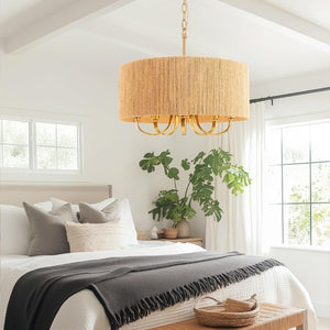 English Elm 22 Inch Hand Woven Rattan Boho Chandelier 5 Light Gold Pendant for Dining Living Room T6202P549628
