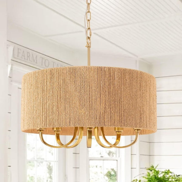 English Elm 22 Inch Hand Woven Rattan Boho Chandelier 5 Light Gold Pendant for Dining Living Room T6202P549628