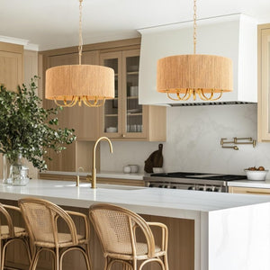 English Elm 22 Inch Hand Woven Rattan Boho Chandelier 5 Light Gold Pendant for Dining Living Room T6202P549628