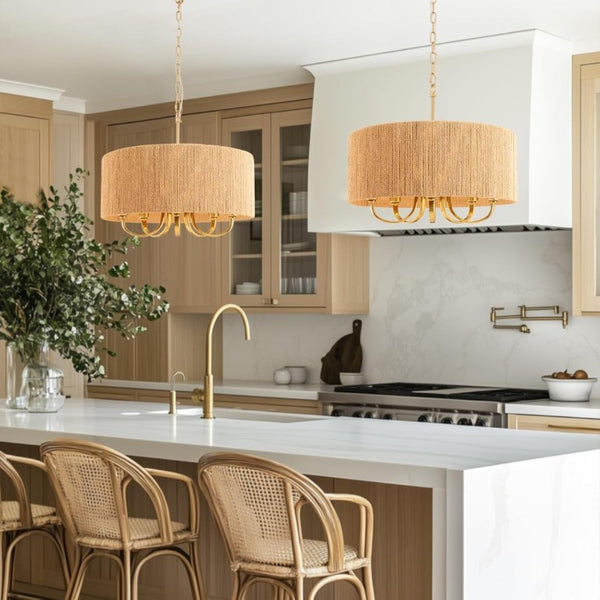English Elm 22 Inch Hand Woven Rattan Boho Chandelier 5 Light Gold Pendant for Dining Living Room T6202P549628