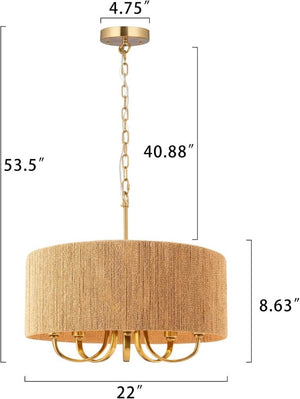 English Elm 22 Inch Hand Woven Rattan Boho Chandelier 5 Light Gold Pendant for Dining Living Room T6202P549628