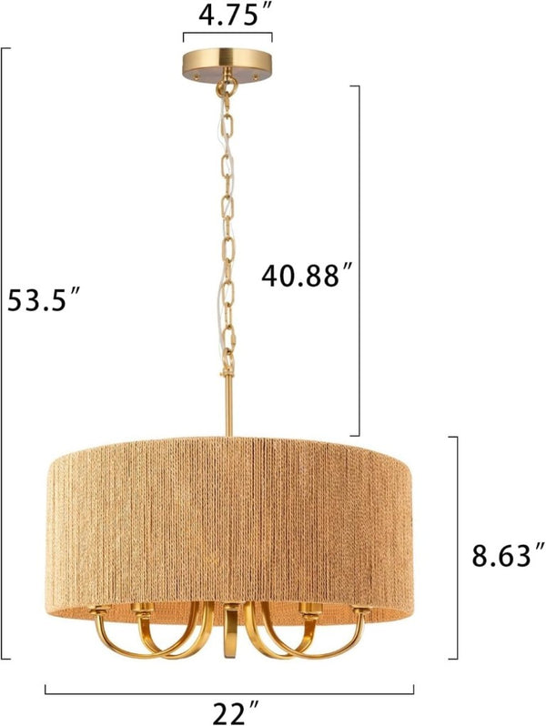 English Elm 22 Inch Hand Woven Rattan Boho Chandelier 5 Light Gold Pendant for Dining Living Room T6202P549628