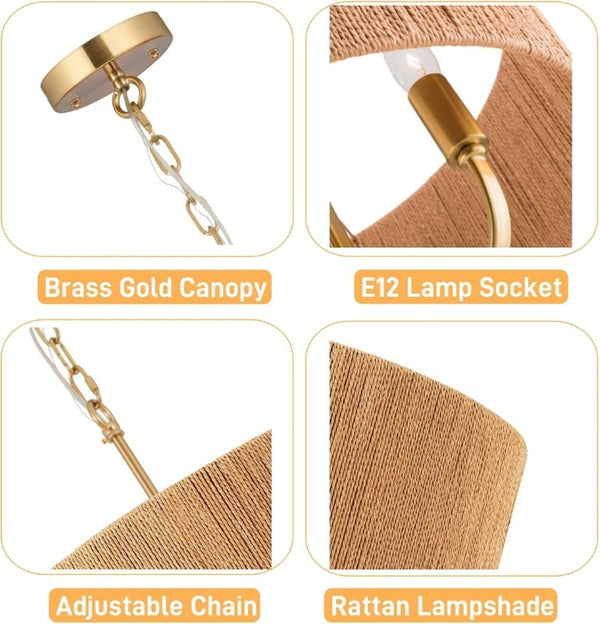 English Elm 22 Inch Hand Woven Rattan Boho Chandelier 5 Light Gold Pendant for Dining Living Room T6202P549628