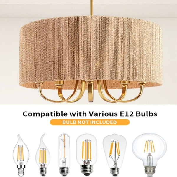 English Elm 22 Inch Hand Woven Rattan Boho Chandelier 5 Light Gold Pendant for Dining Living Room T6202P549628
