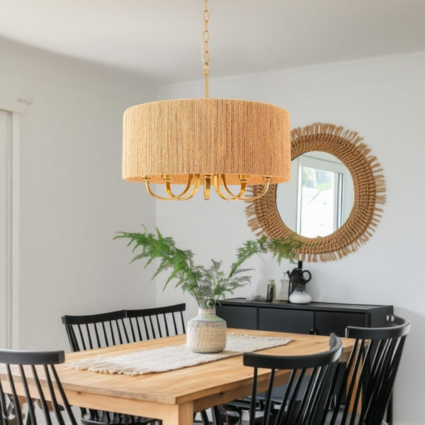 English Elm 22 Inch Hand Woven Rattan Boho Chandelier 5 Light Gold Pendant for Dining Living Room T6202P549628
