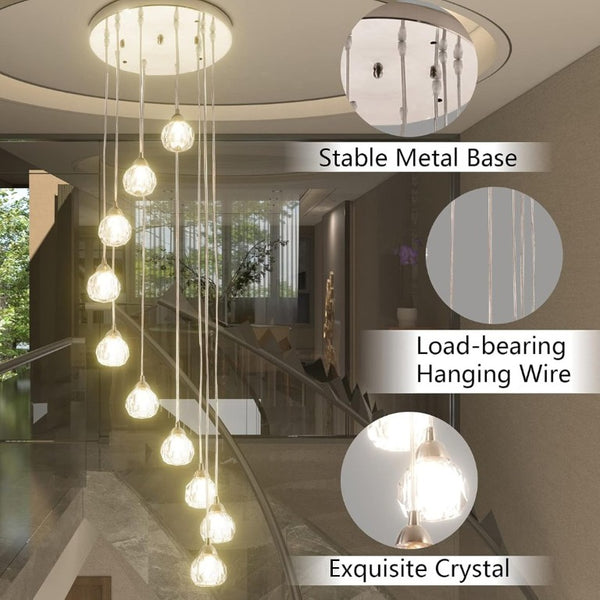 English Elm 10-Lights Crystal Ball Cascading Chandelier Sculptural Raindrop Pendant for Grand Entryways T6202P549632
