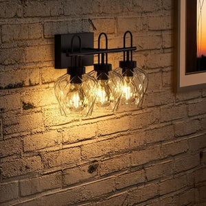 English Elm Black Three Light Matte Metal Wall Sconce with Textured Clear Glass Vintage Vanity Fixture T6202P551447