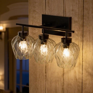 English Elm Black Three Light Matte Metal Wall Sconce with Textured Clear Glass Vintage Vanity Fixture T6202P551447