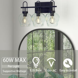 English Elm Black Three Light Matte Metal Wall Sconce with Textured Clear Glass Vintage Vanity Fixture T6202P551447