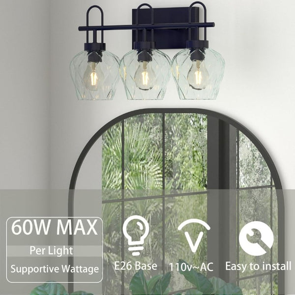 English Elm Black Three Light Matte Metal Wall Sconce with Textured Clear Glass Vintage Vanity Fixture T6202P551447