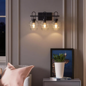 English Elm Black Three Light Matte Metal Wall Sconce with Textured Clear Glass Vintage Vanity Fixture T6202P551447