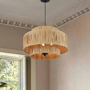 English Elm 3-Light Raffia Woven Tiered Chandelier Bohemian Pendant for Dining Room or Bedroom T6202P552097