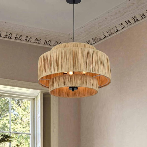 English Elm 3-Light Raffia Woven Tiered Chandelier Bohemian Pendant for Dining Room or Bedroom T6202P552097