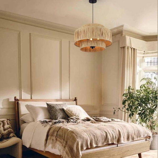English Elm 3-Light Raffia Woven Tiered Chandelier Bohemian Pendant for Dining Room or Bedroom T6202P552097