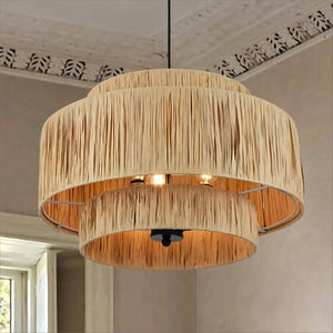 English Elm 3-Light Raffia Woven Tiered Chandelier Bohemian Pendant for Dining Room or Bedroom T6202P552097
