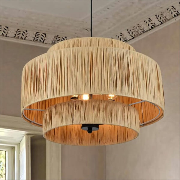 English Elm 3-Light Raffia Woven Tiered Chandelier Bohemian Pendant for Dining Room or Bedroom T6202P552097