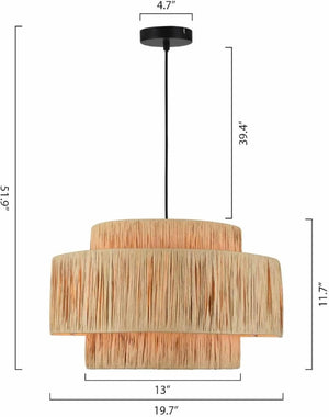 English Elm 3-Light Raffia Woven Tiered Chandelier Bohemian Pendant for Dining Room or Bedroom T6202P552097