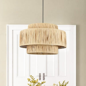 English Elm 3-Light Raffia Woven Tiered Chandelier Bohemian Pendant for Dining Room or Bedroom T6202P552097