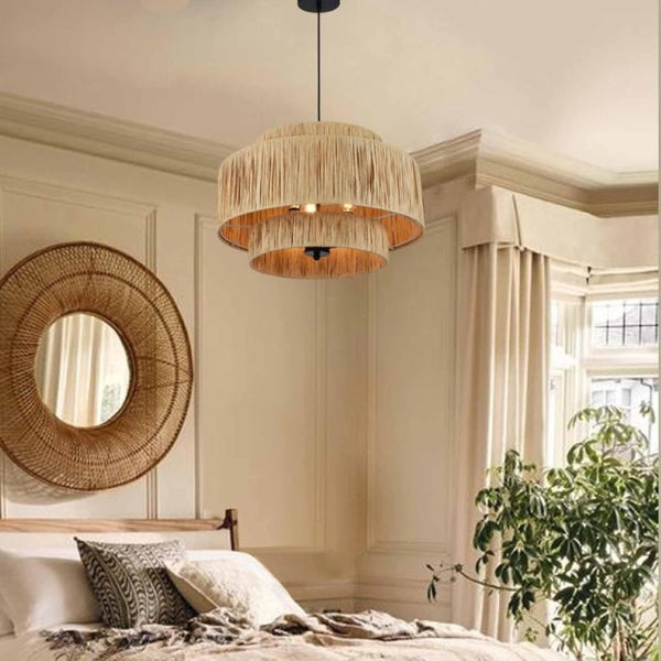 English Elm 3-Light Raffia Woven Tiered Chandelier Bohemian Pendant for Dining Room or Bedroom T6202P552097