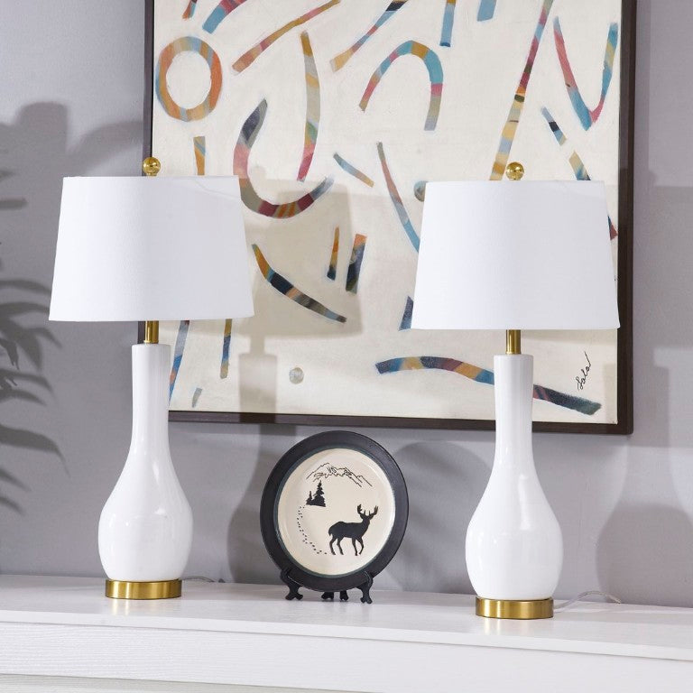 English Elm Modern Ceramic Bedside Lamp Set Glossy White Brass Accent USB Charging Dimmable T6202P552111
