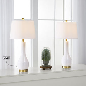English Elm Modern Ceramic Bedside Lamp Set Glossy White Brass Accent USB Charging Dimmable T6202P552111