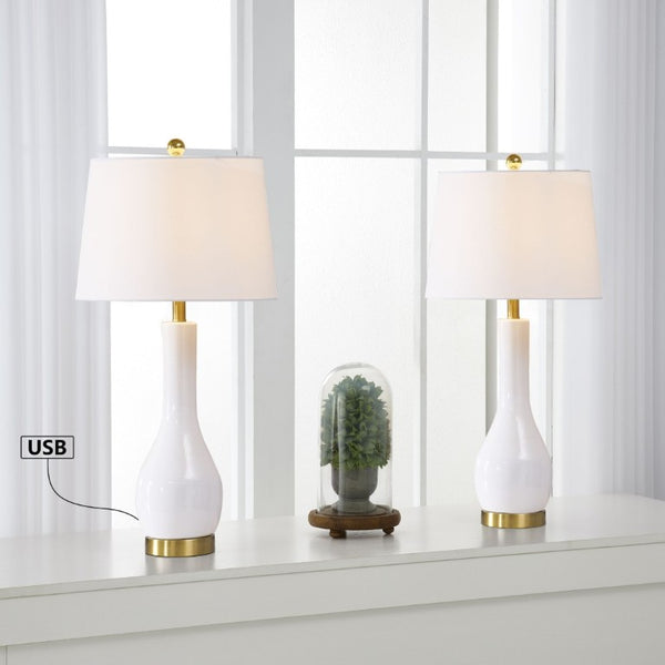 English Elm Modern Ceramic Bedside Lamp Set Glossy White Brass Accent USB Charging Dimmable T6202P552111