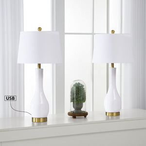 English Elm Modern Ceramic Bedside Lamp Set Glossy White Brass Accent USB Charging Dimmable T6202P552111