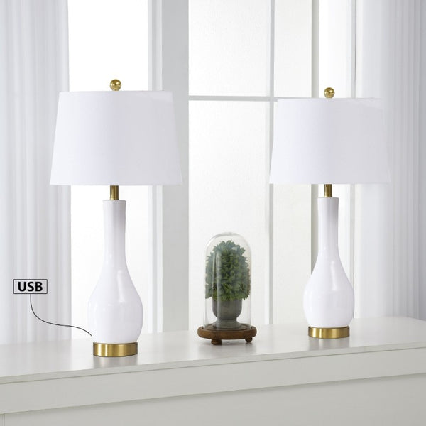 English Elm Modern Ceramic Bedside Lamp Set Glossy White Brass Accent USB Charging Dimmable T6202P552111