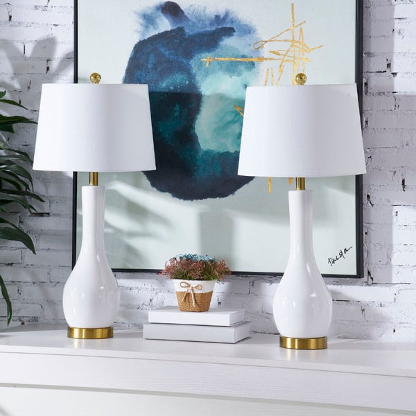 English Elm Modern Ceramic Bedside Lamp Set Glossy White Brass Accent USB Charging Dimmable T6202P552111
