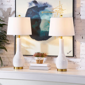 English Elm Modern Ceramic Bedside Lamp Set Glossy White Brass Accent USB Charging Dimmable T6202P552111