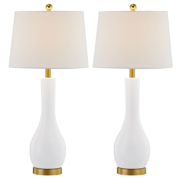 English Elm Modern Ceramic Bedside Lamp Set Glossy White Brass Accent USB Charging Dimmable T6202P552111
