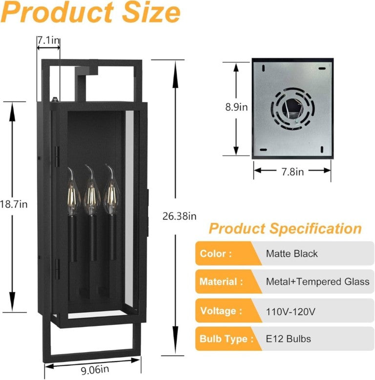 English Elm 25 Inch Three Light Matte Black Outdoor Wall Sconce with Dusk to Dawn Photosensor T6202P552122