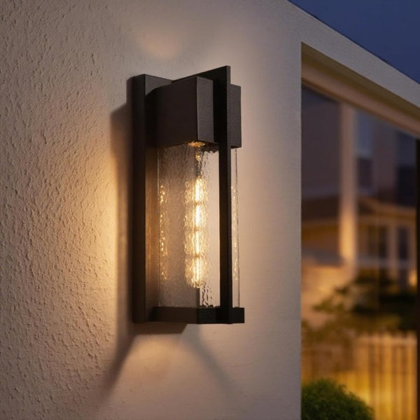 English Elm 2-Pack Dusk to Dawn Outdoor Wall Sconces Matte Black Lantern with Hammered Glass T6202P552213