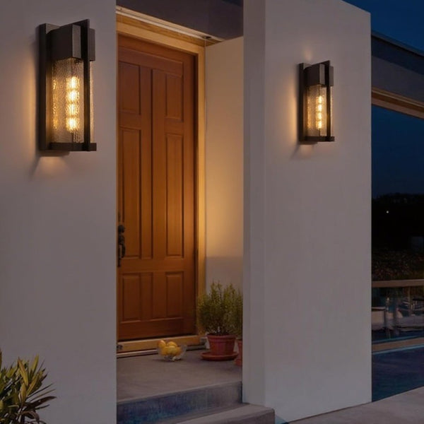 English Elm 2-Pack Dusk to Dawn Outdoor Wall Sconces Matte Black Lantern with Hammered Glass T6202P552213