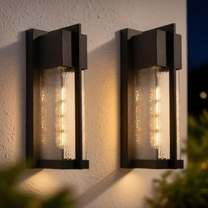 English Elm 2-Pack Dusk to Dawn Outdoor Wall Sconces Matte Black Lantern with Hammered Glass T6202P552213